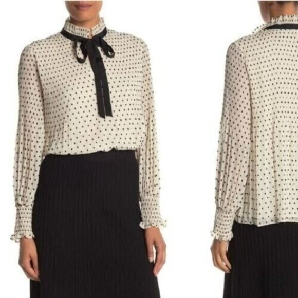 Max Studio Womens Small Pleated Swiss Dot Tie Neck Blouse Long Sleeve Shirt Top - Picture 1 of 14